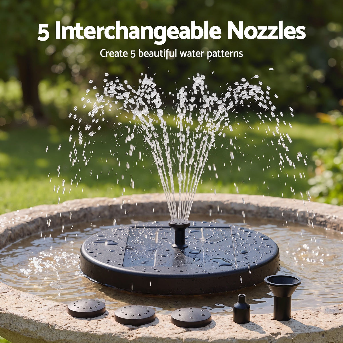 Black solar bird bath fountain pump with spray head and interchangeable nozzle pieces