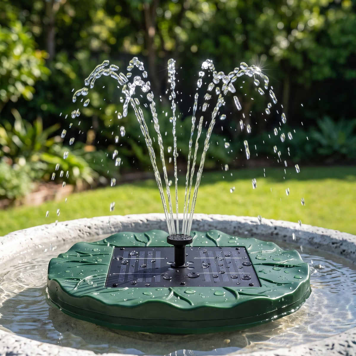 Solar floating fountain pump with lotus-leaf cover, black nozzle spraying water in pool.