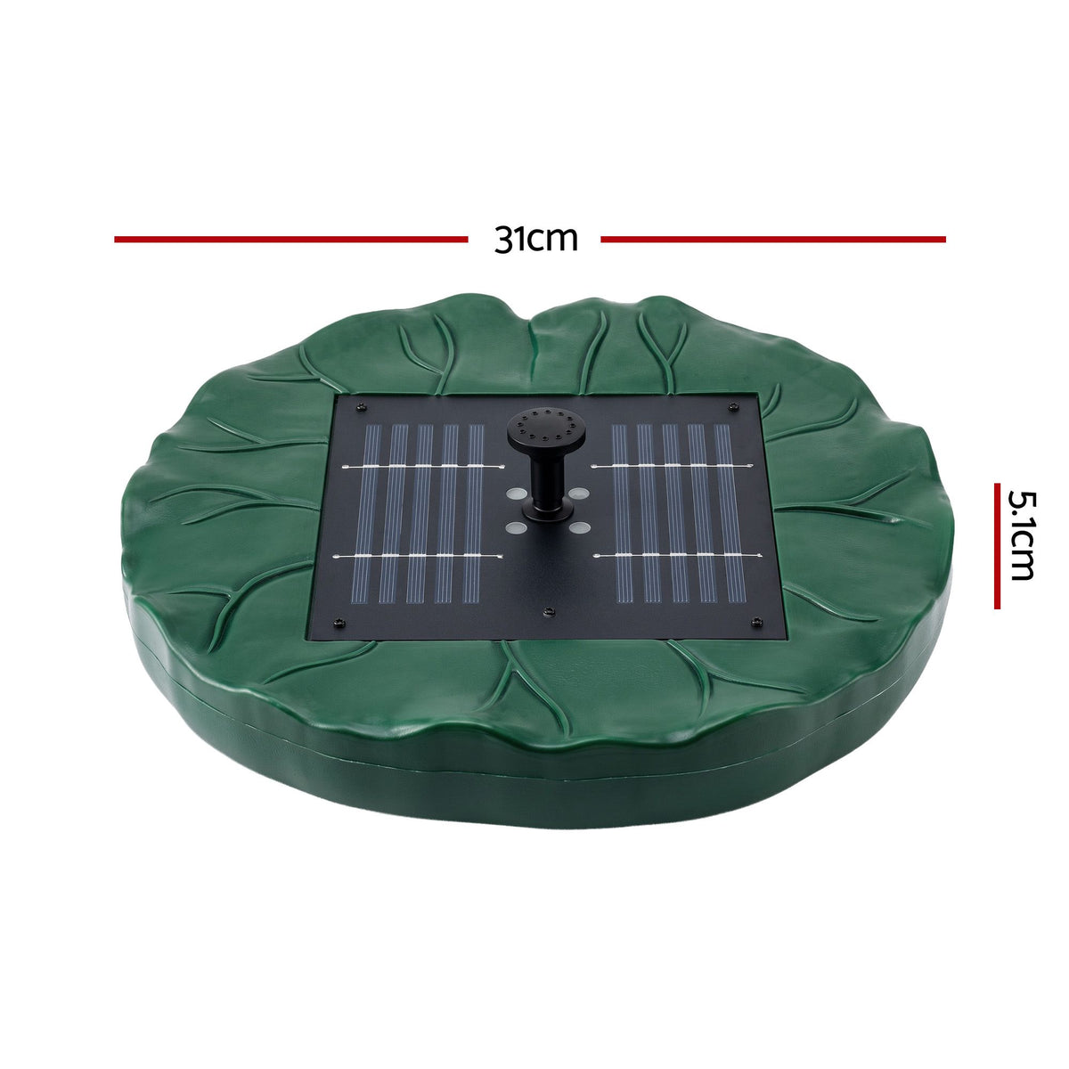 Green lotus-leaf floating solar pump with built-in solar panel and central fountain nozzle.