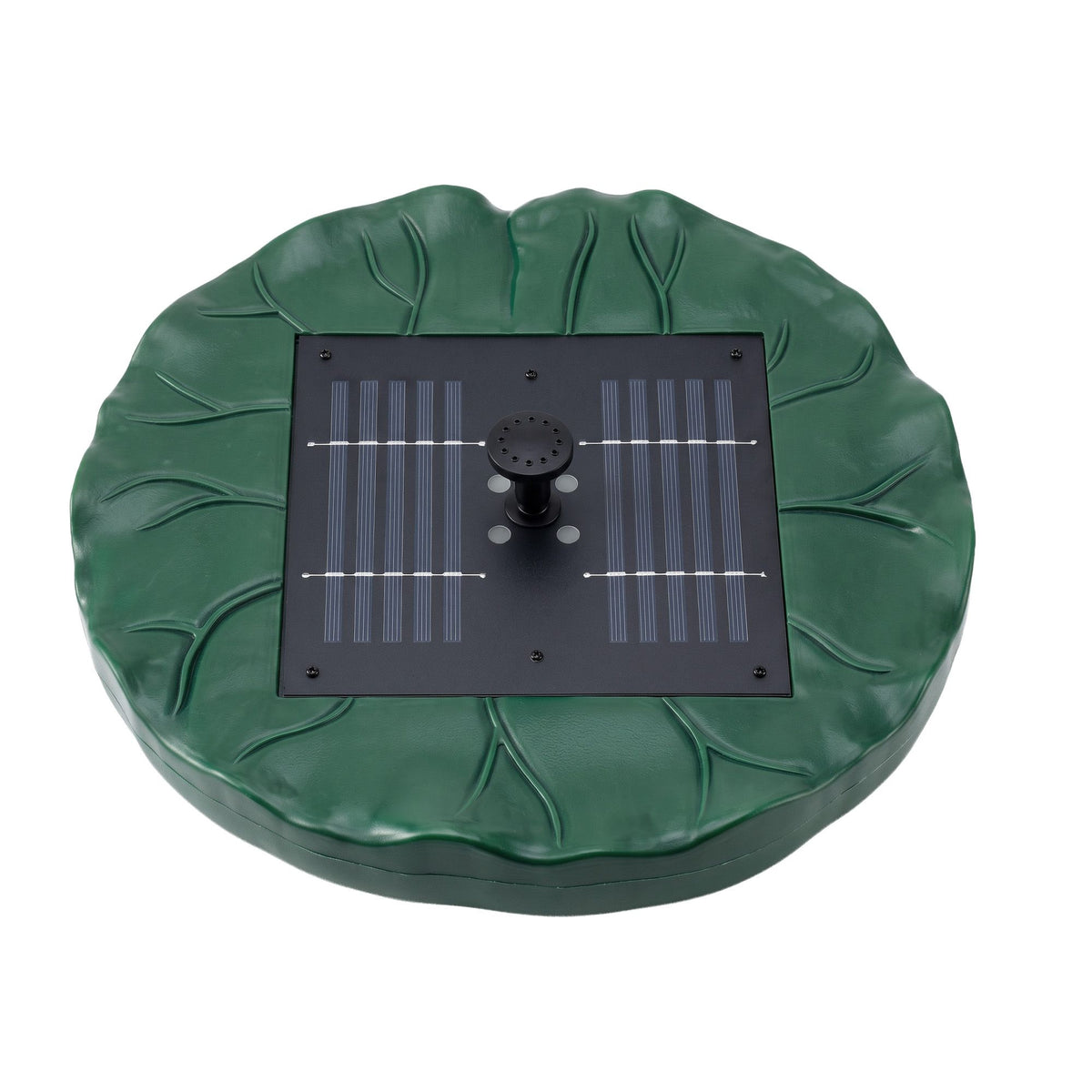 Green floating lotus-leaf solar fountain pump with solar panel and dome nozzle detail.