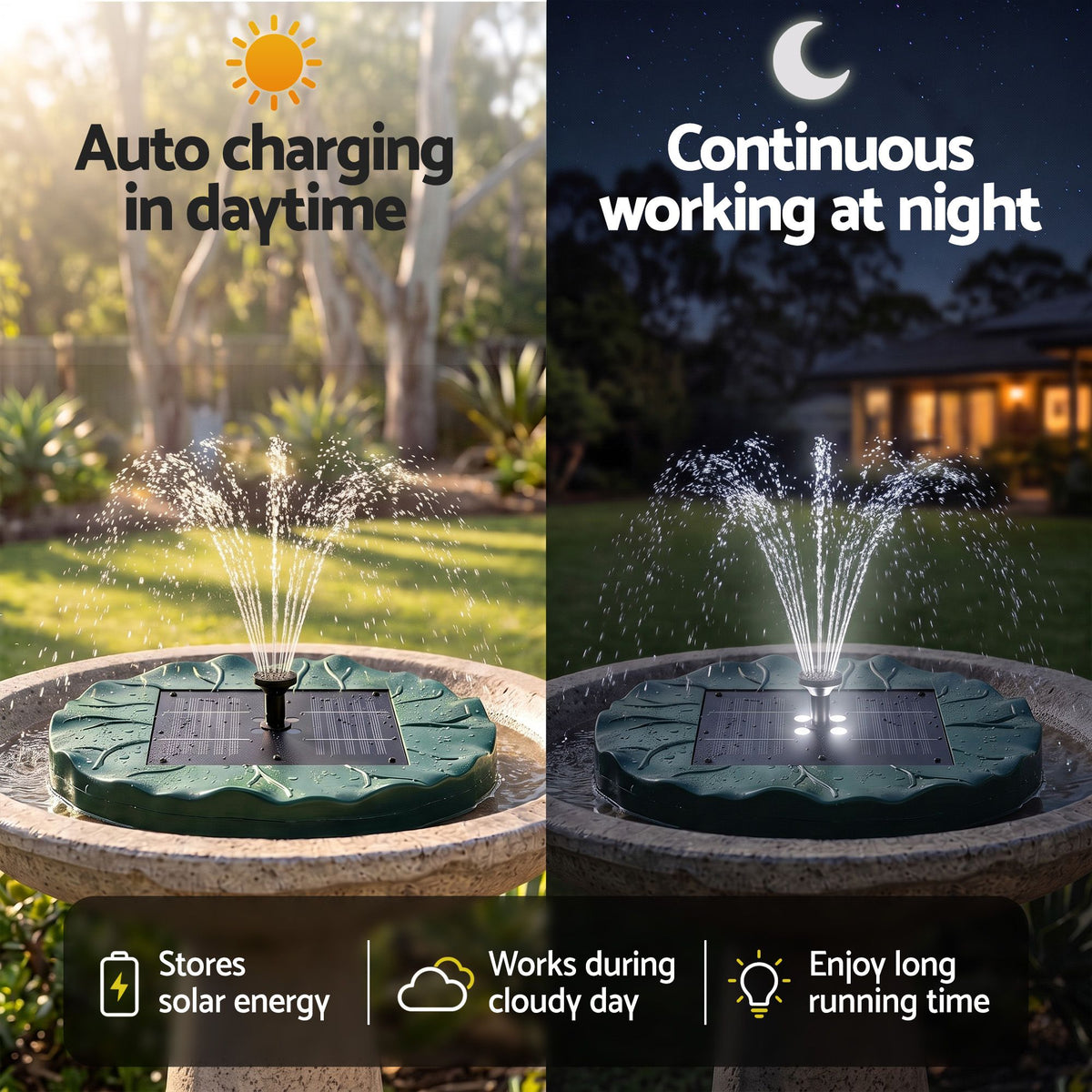 Solar floating fountain pump with lotus-leaf base, casting water streams day and night.