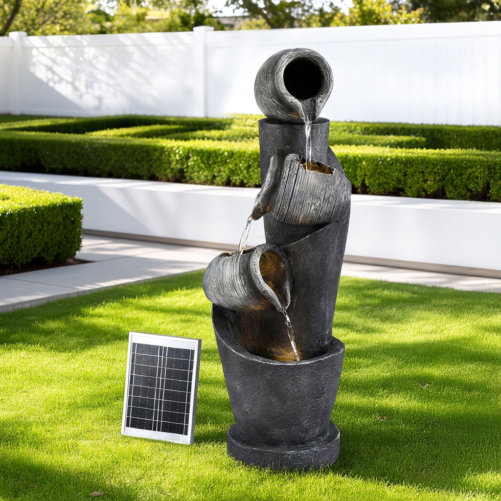 Solar Fountain Water Feature Cascading Fountain 3-Tier Pot LED Lights 80CM Grey
