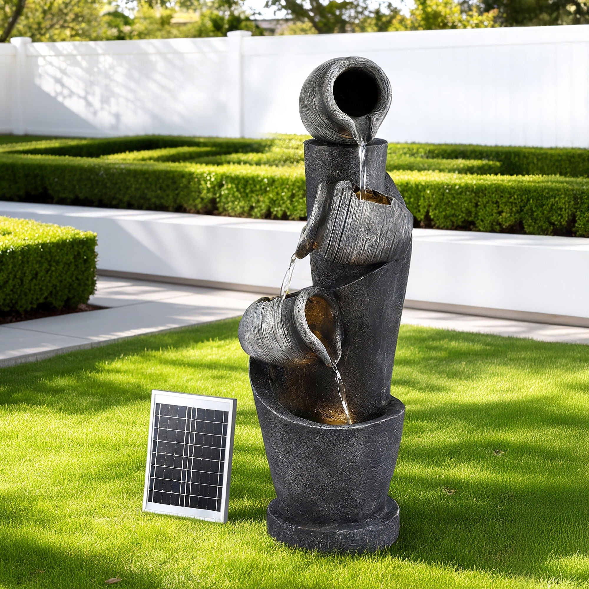 Solar Fountain Water Feature Cascading Fountain 3-Tier Pot LED Lights 80CM Grey
