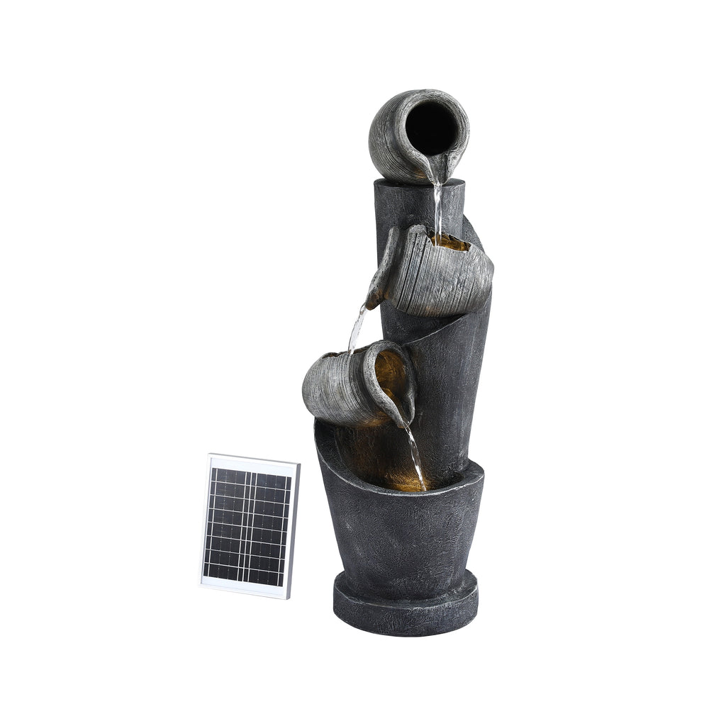 Solar Fountain Water Feature Cascading Fountain 3-Tier Pot LED Lights 80CM Grey