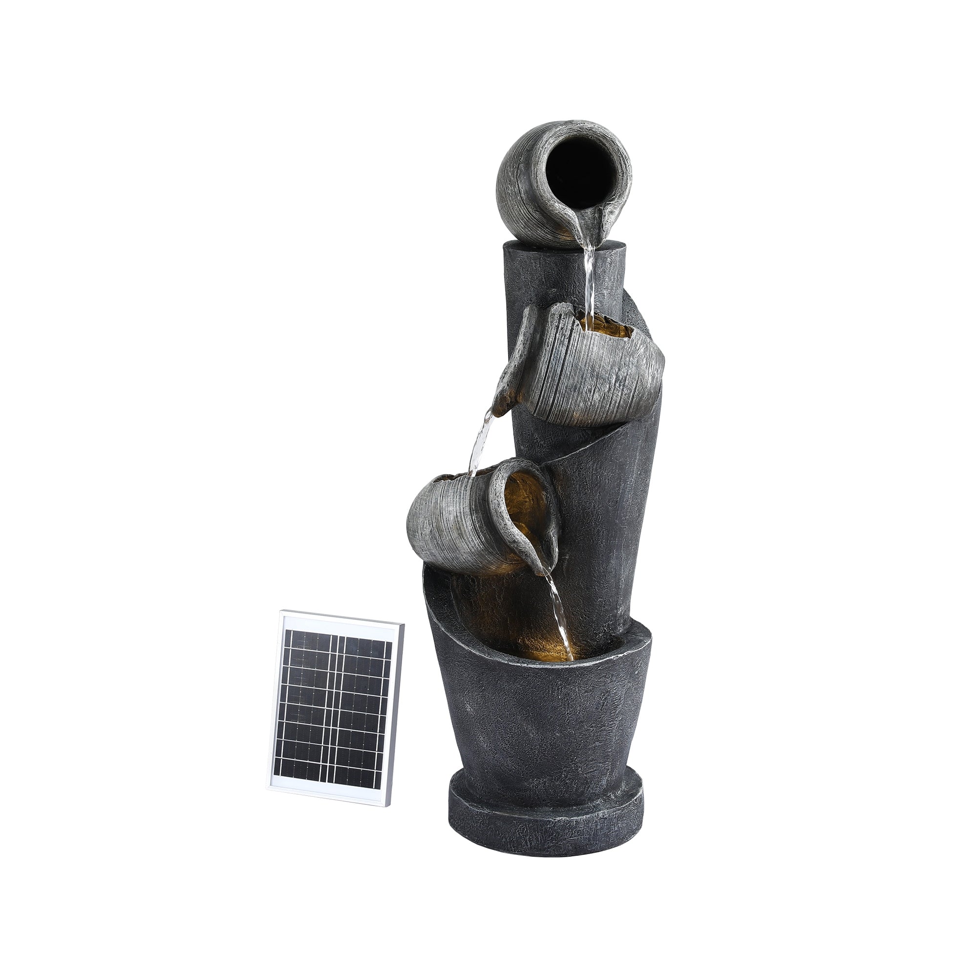 Solar Fountain Water Feature Cascading Fountain 3-Tier Pot LED Lights 80CM Grey