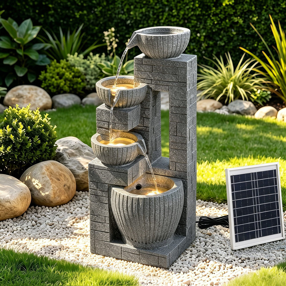 Grey cascading solar water fountain with four tier stone-texture bowls and running streams