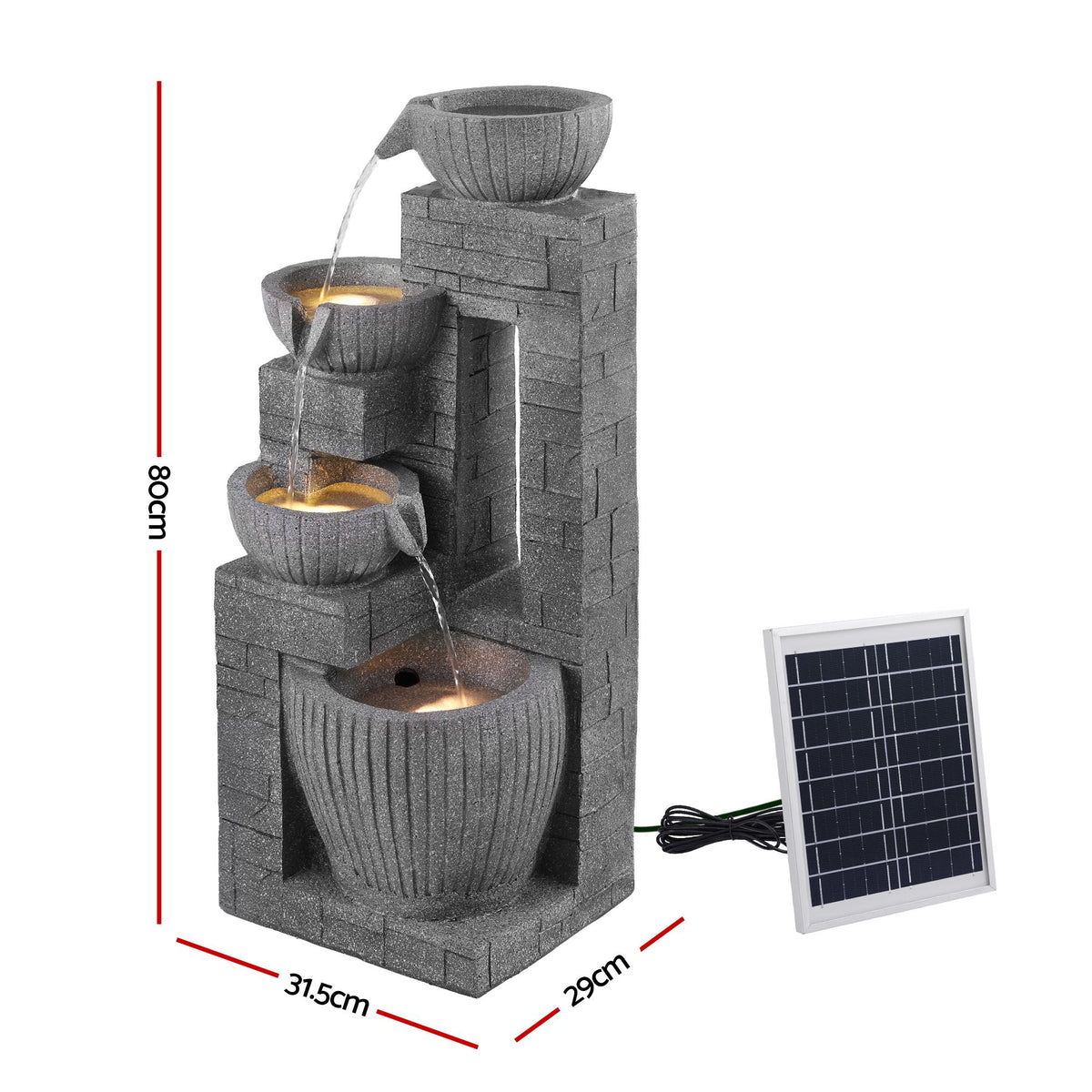 Grey multi-tier cascading solar fountain with attached solar panel and water streams, stone look