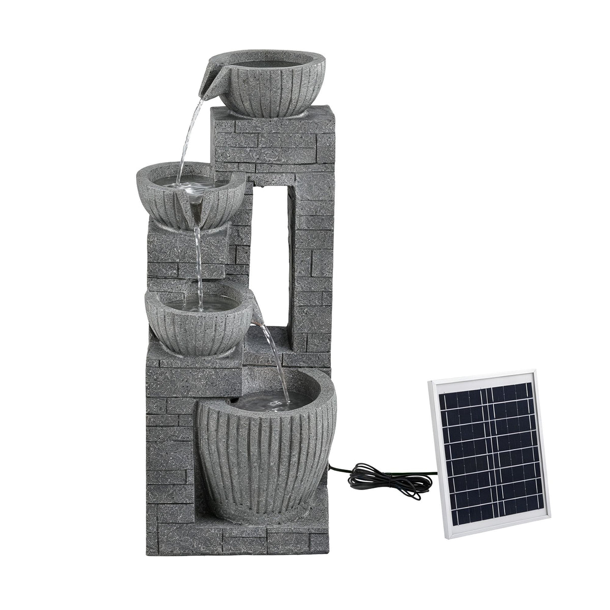 Grey cascading solar fountain with four stone-texture bowls, arched spout streams, and solar panel