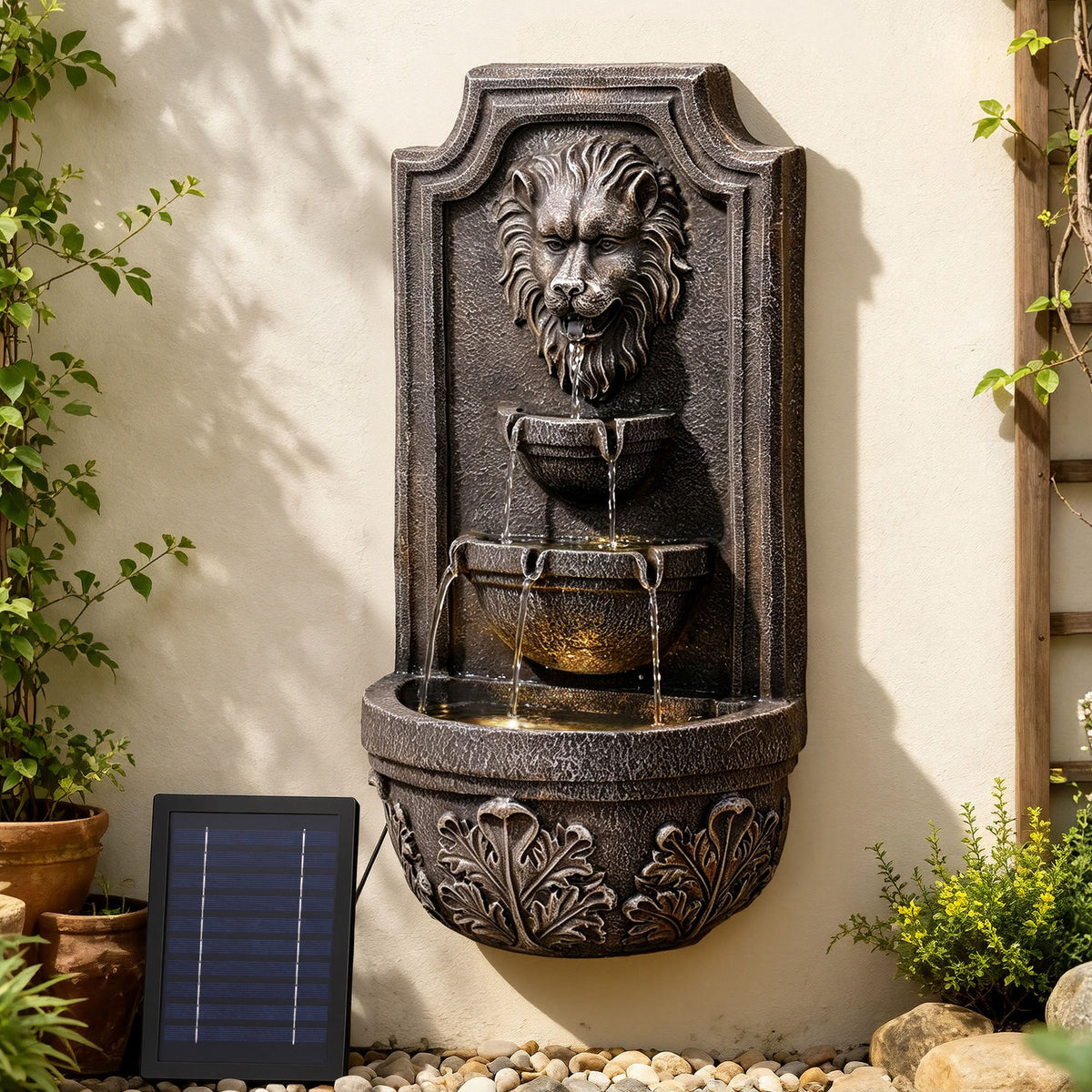 Solar lion-head wall fountain, dark brown resin, cascading water basin