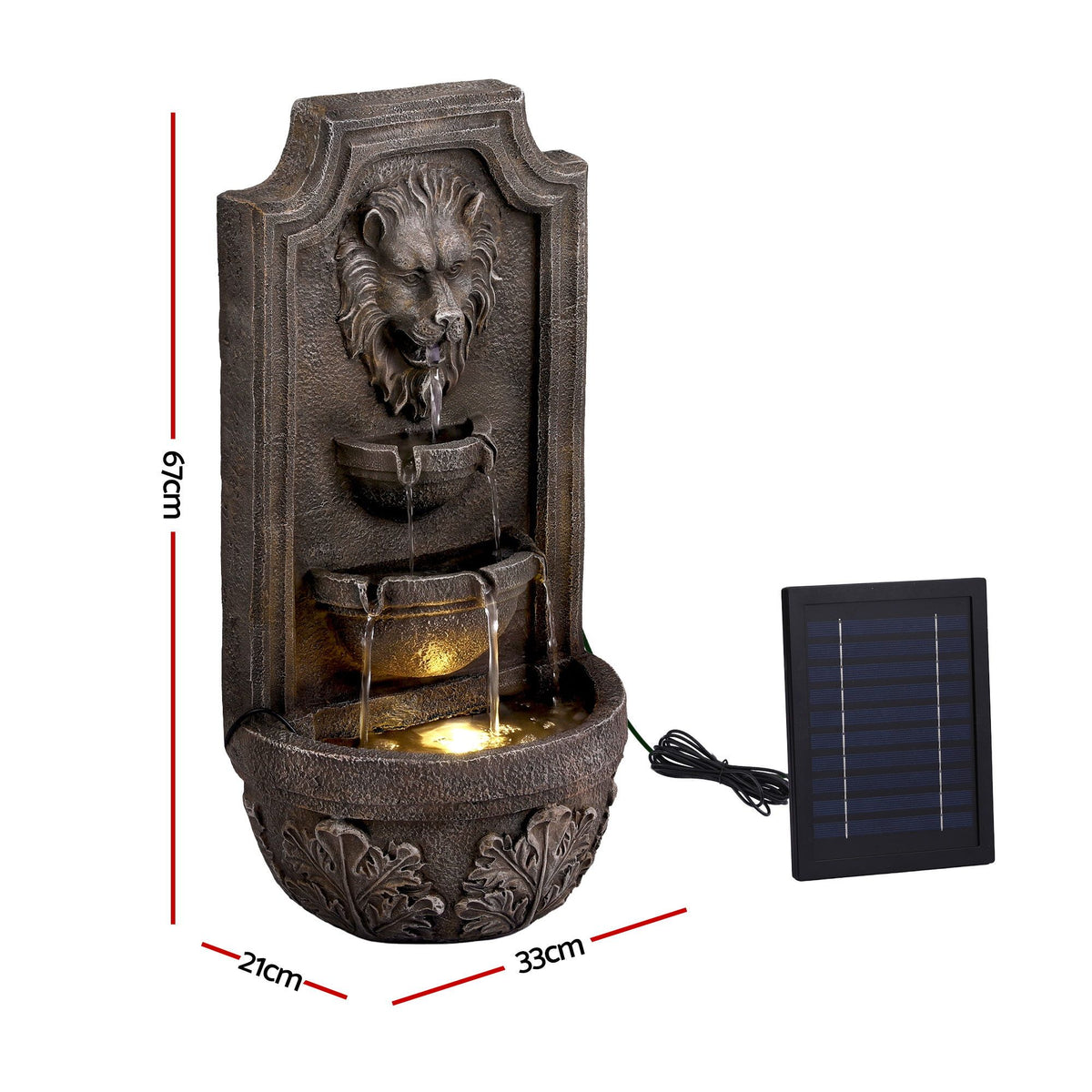 Lion-head wall fountain with solar panel and measurements, dark brown resin