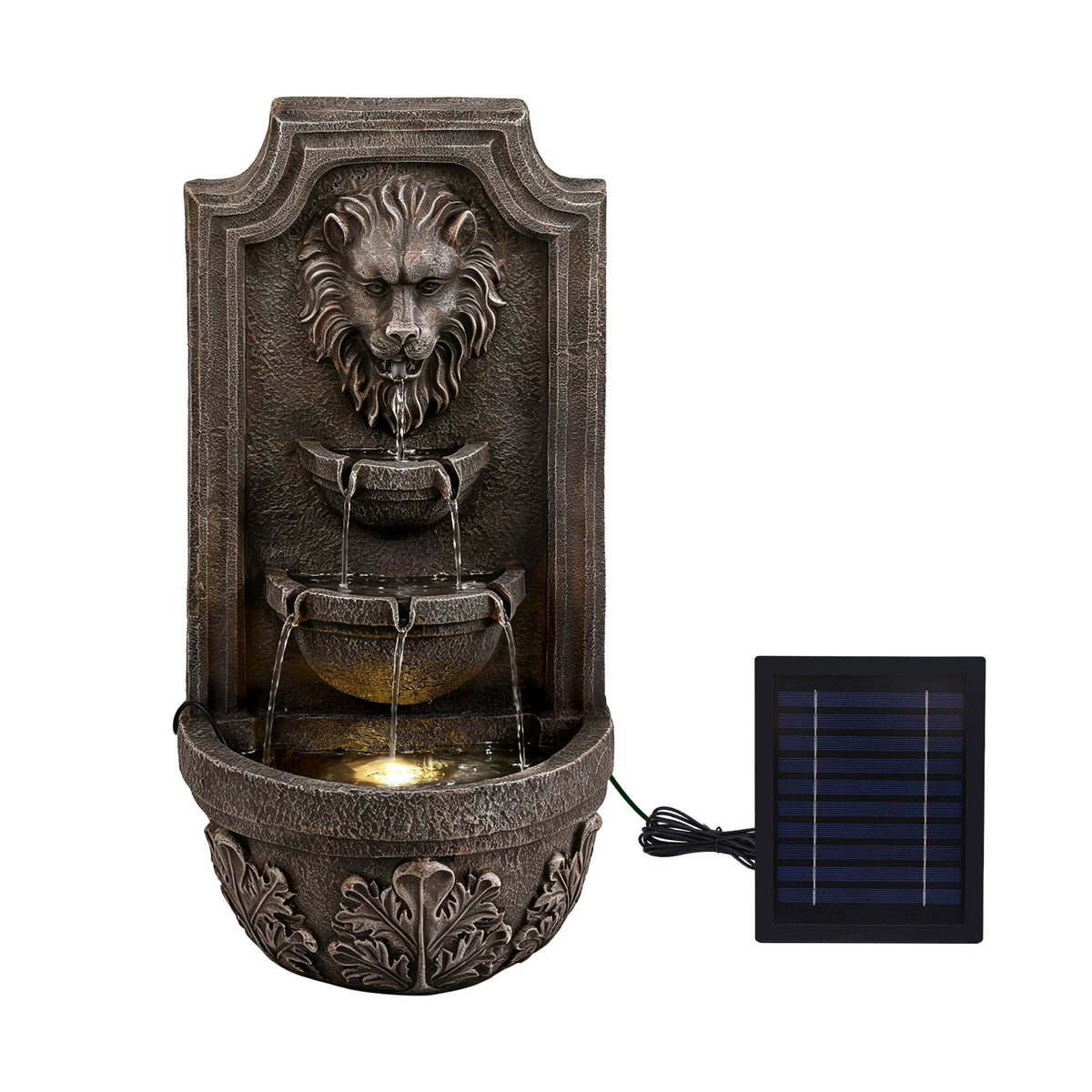 Lion-head wall fountain with solar panel, dark brown resin, flowing water