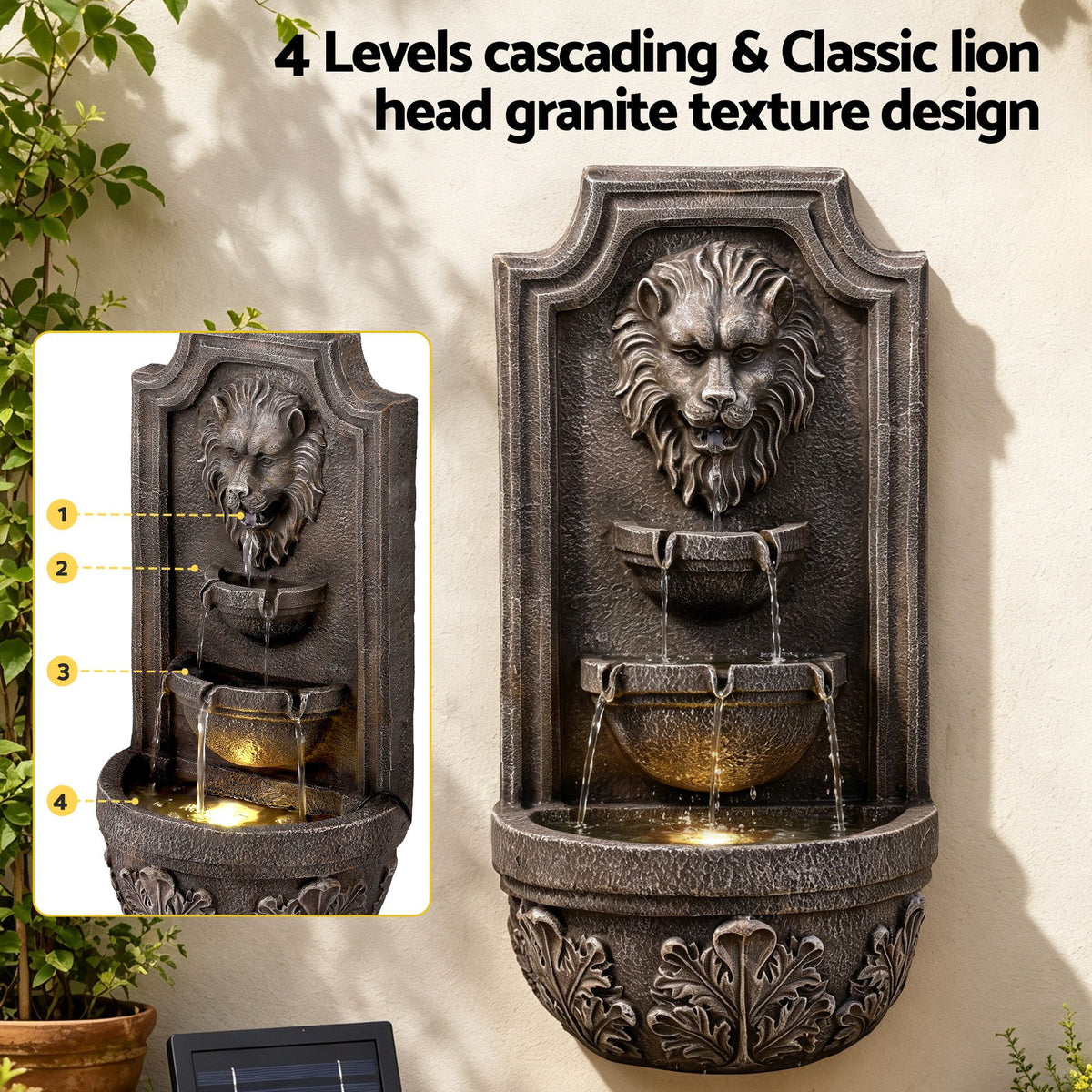 Lion-head wall fountain with cascading water, dark brown resin stone-texture