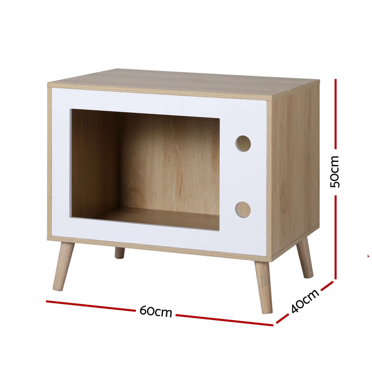 Cat bedside table with open front, light wood frame; size 60x40x50cm
