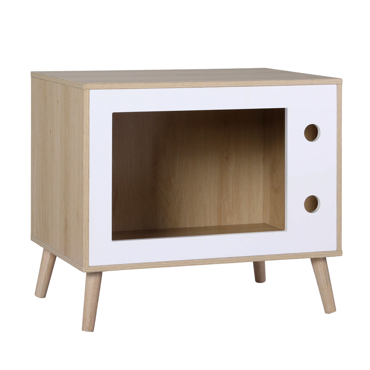 Light wood cat bedside table with white panel and large open entry window