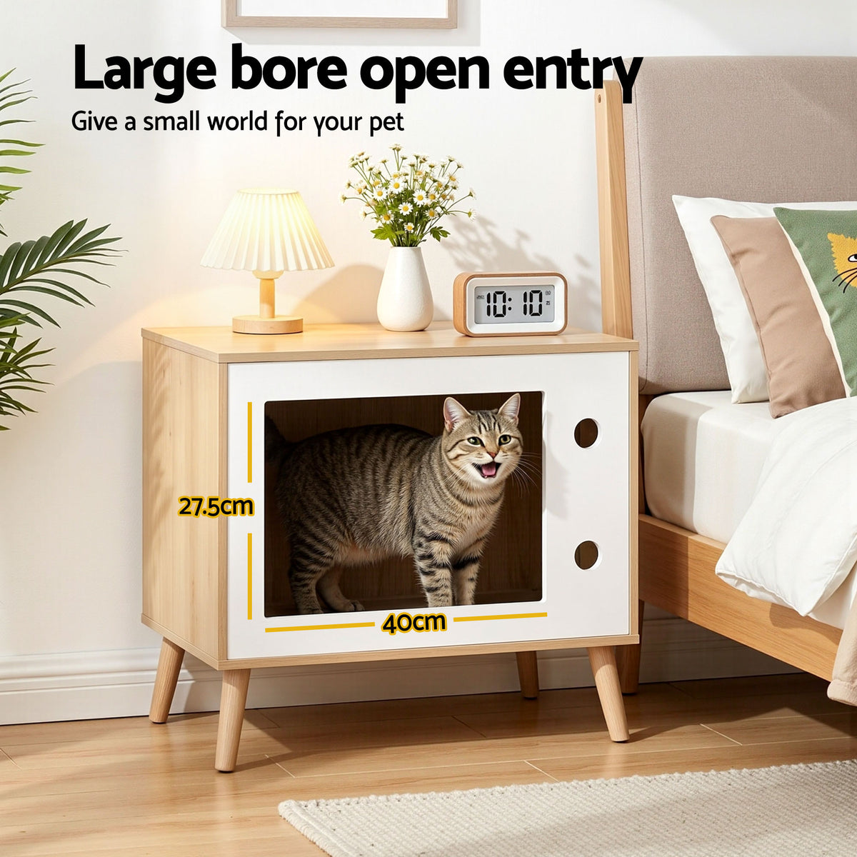 Light wood cat bedside table with white cabinet, cat inside large open window