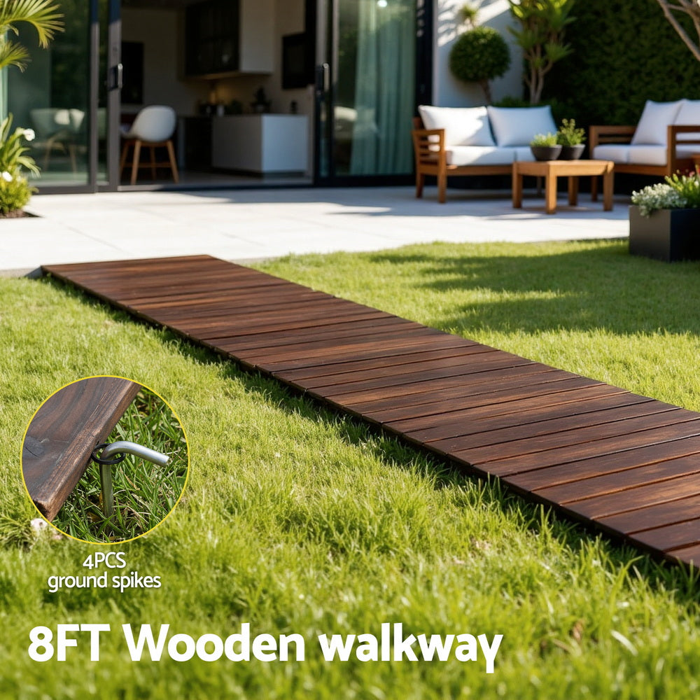 8FT Wooden Garden Pathway Roll-Out Straight Walkway Outdoor Backyard Charcoal Brown