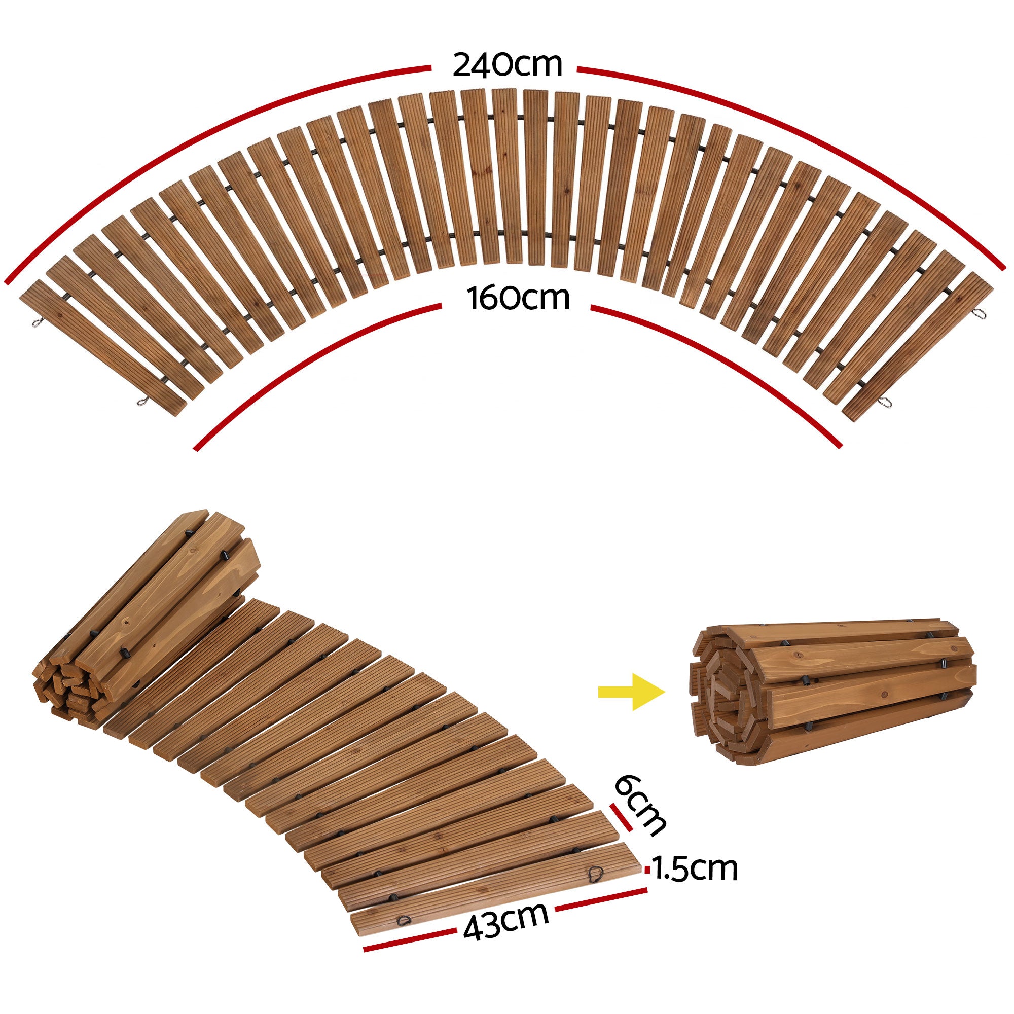 8FT Wooden Garden Pathway Roll-Out Curved Walkway Outdoor Backyard Brown
