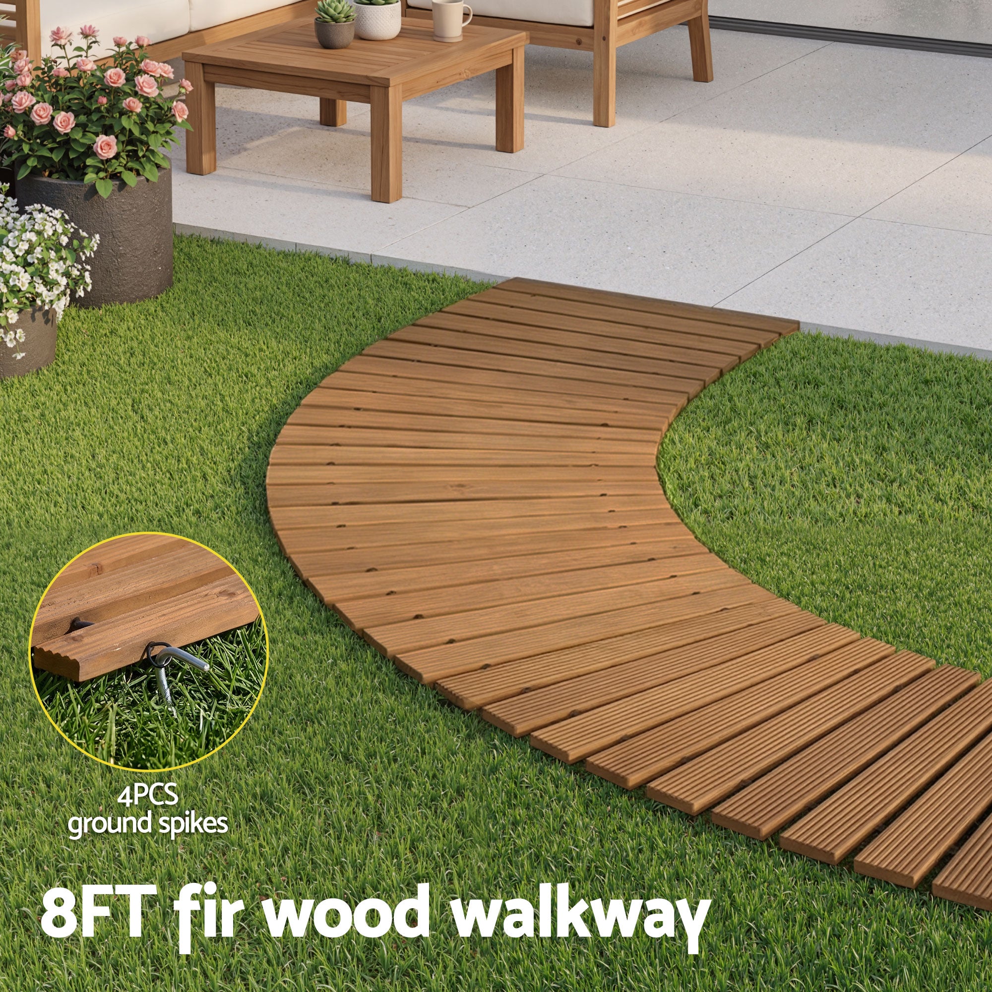 8FT Wooden Garden Pathway Roll-Out Curved Walkway Outdoor Backyard Brown