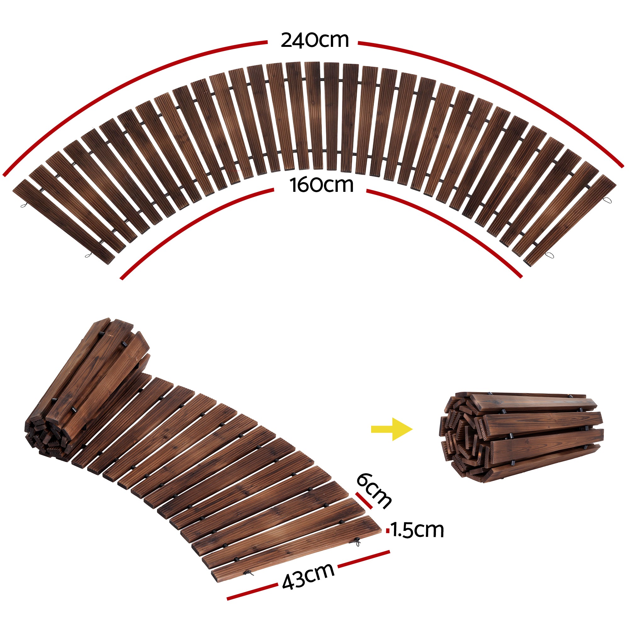 8FT Wooden Garden Pathway Roll-Out Curved Walkway Outdoor Backyard Charcoal Brown