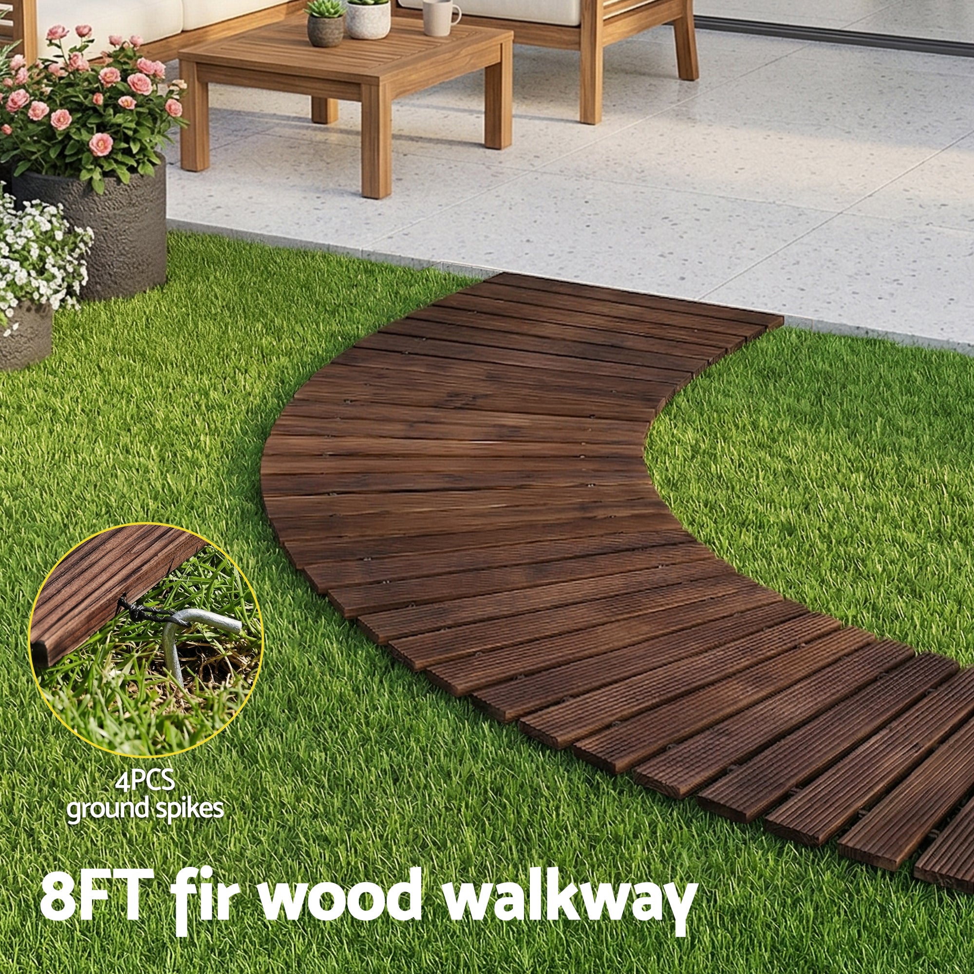 8FT Wooden Garden Pathway Roll-Out Curved Walkway Outdoor Backyard Charcoal Brown
