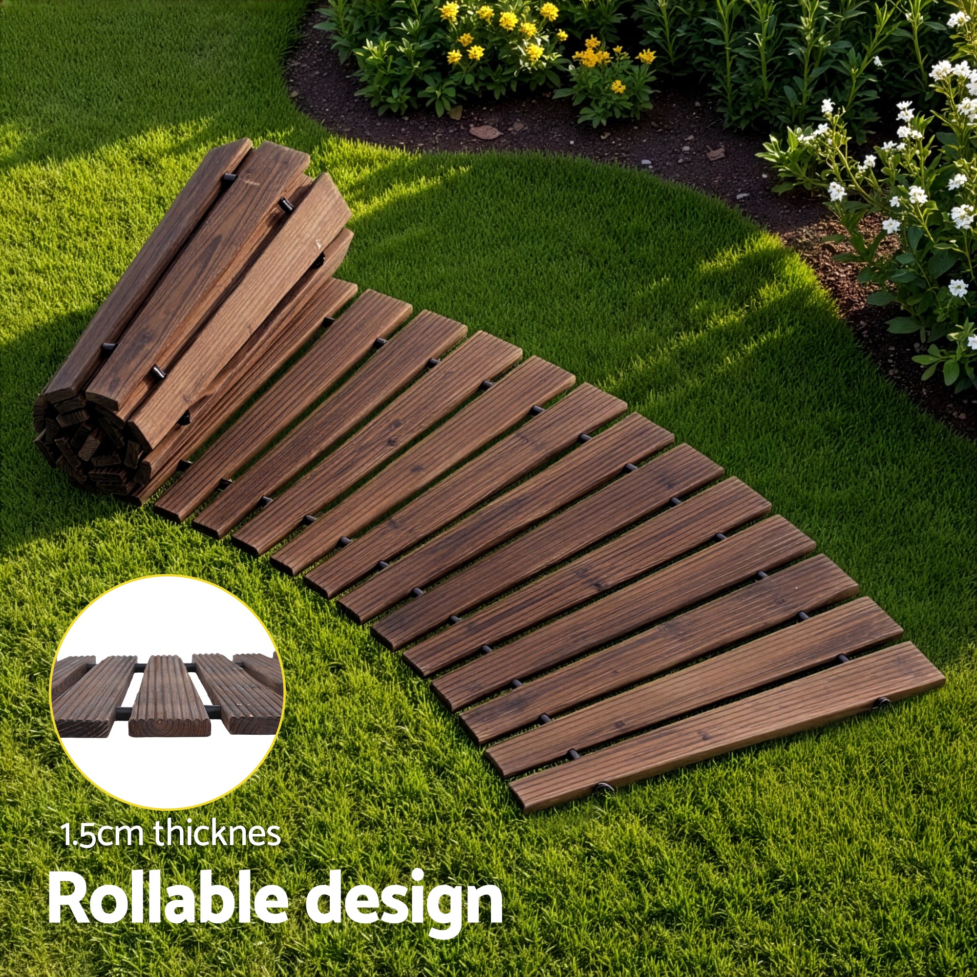 8FT Wooden Garden Pathway Roll-Out Curved Walkway Outdoor Backyard Charcoal Brown