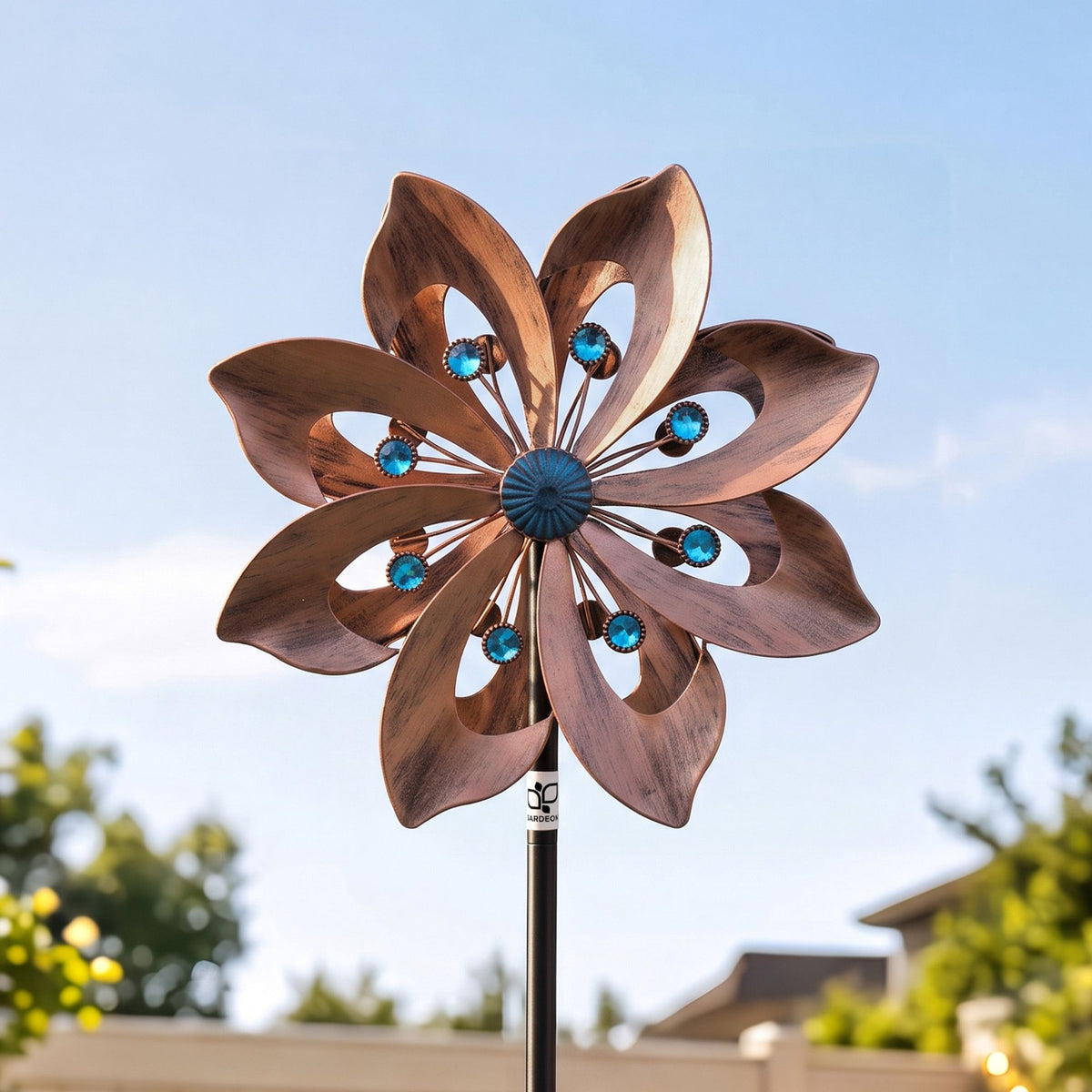 Bronze double-layer metal garden windmill spinner with blue bead center and blades