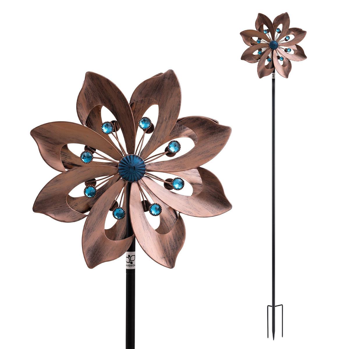Bronze metal windmill spinner with double-layer petals and blue bead details