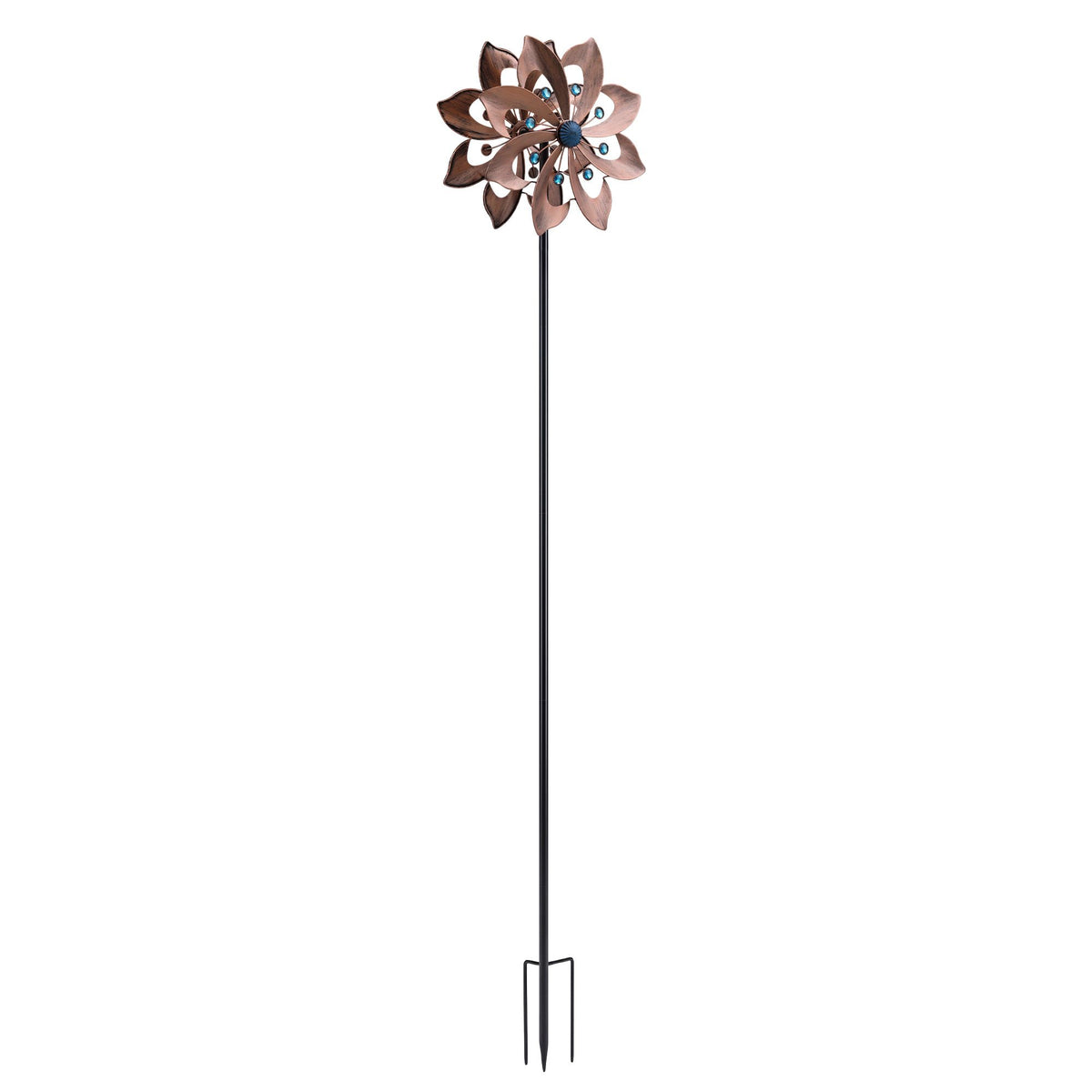 Bronze windmill spinner with double-layer petals and blue bead center on long pole