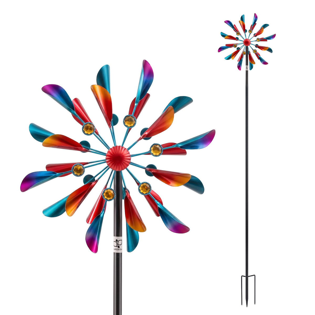 Double windmill metal garden spinner with rainbow blades and red center hub
