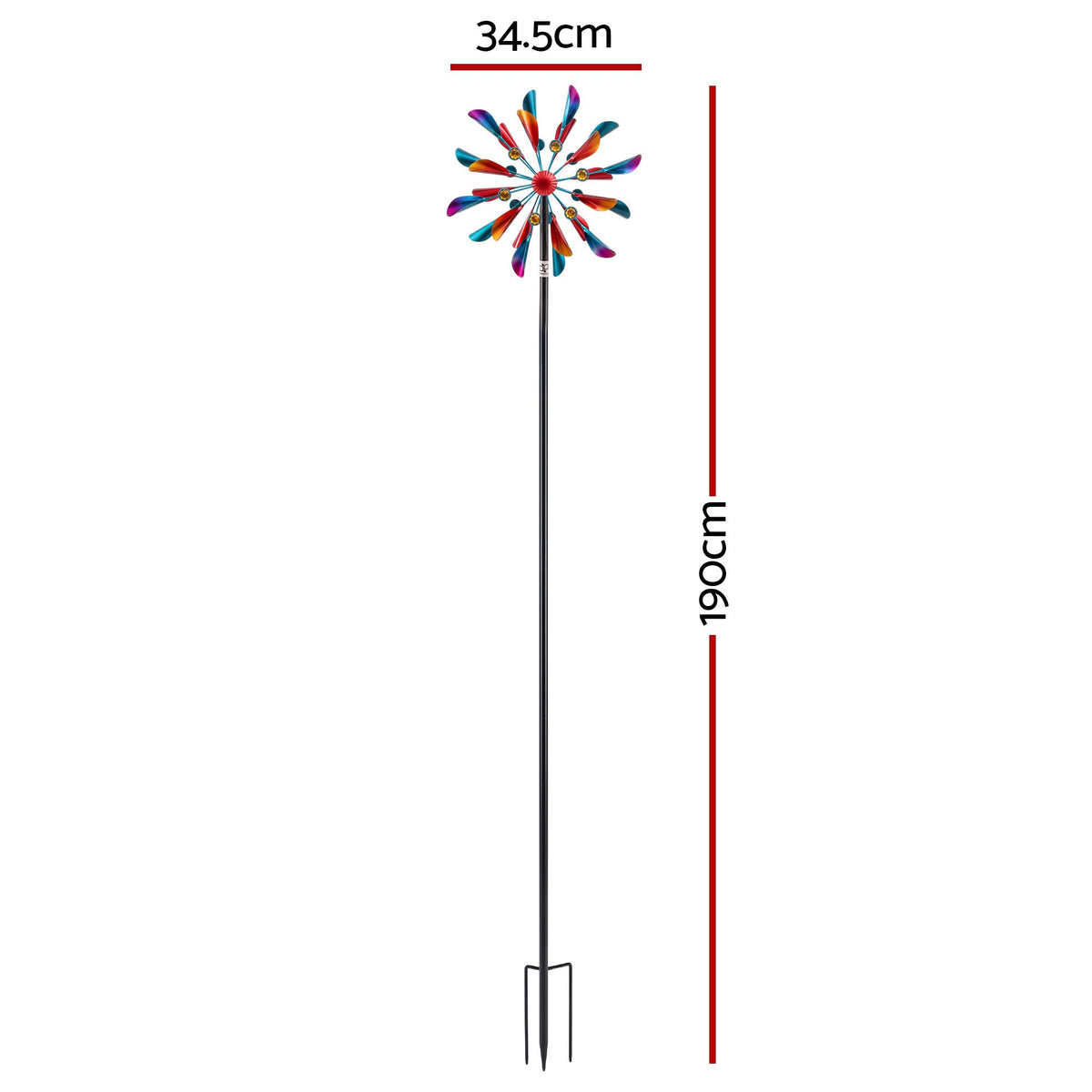 Metal windmill spinner with red center hub and 190 cm tall double blades