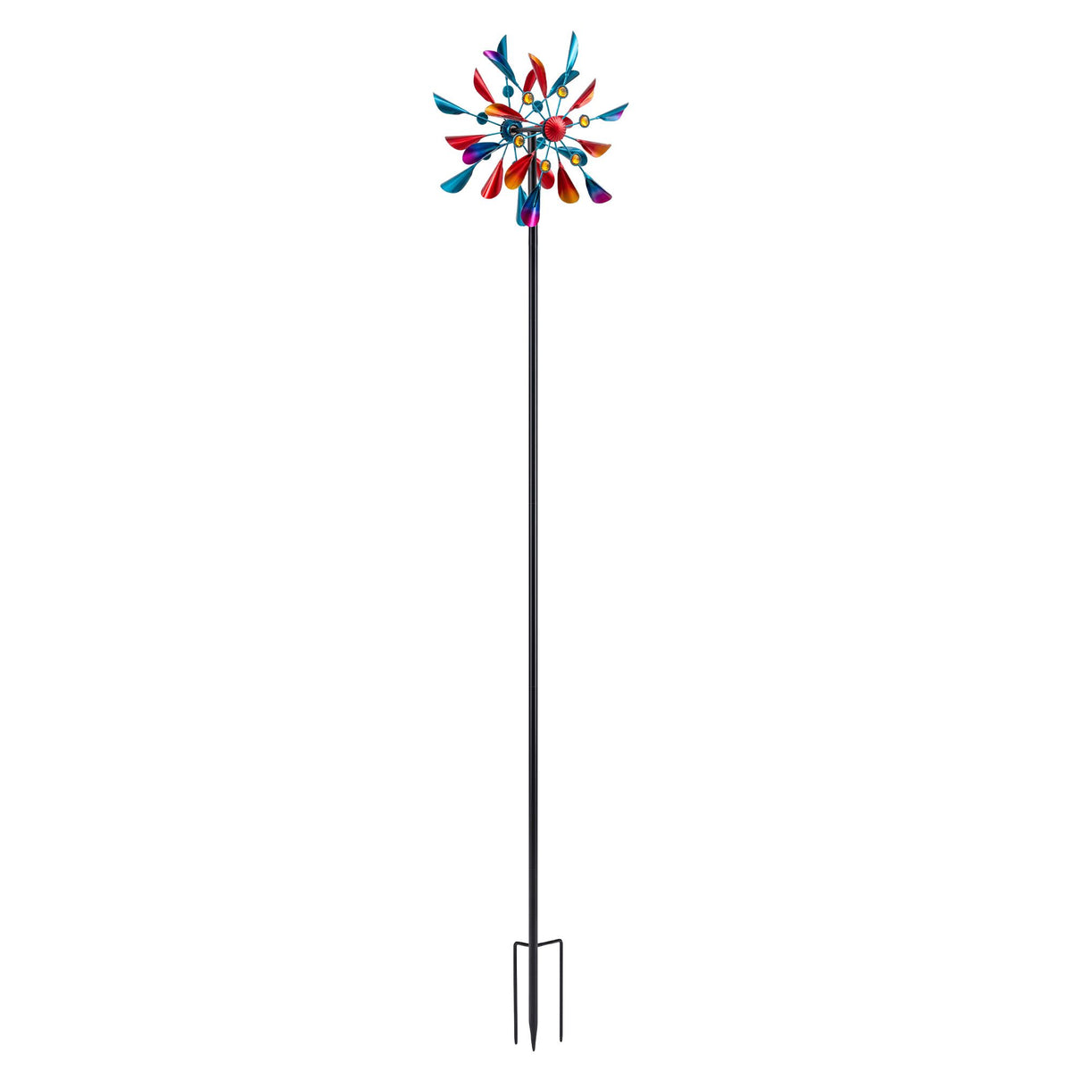 Colorful metal windmill spinner with red hub and multicolor blade arms
