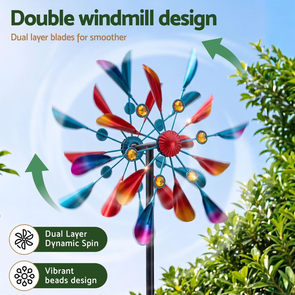 Double-layer metal windmill spinner with vibrant rainbow blades and red center