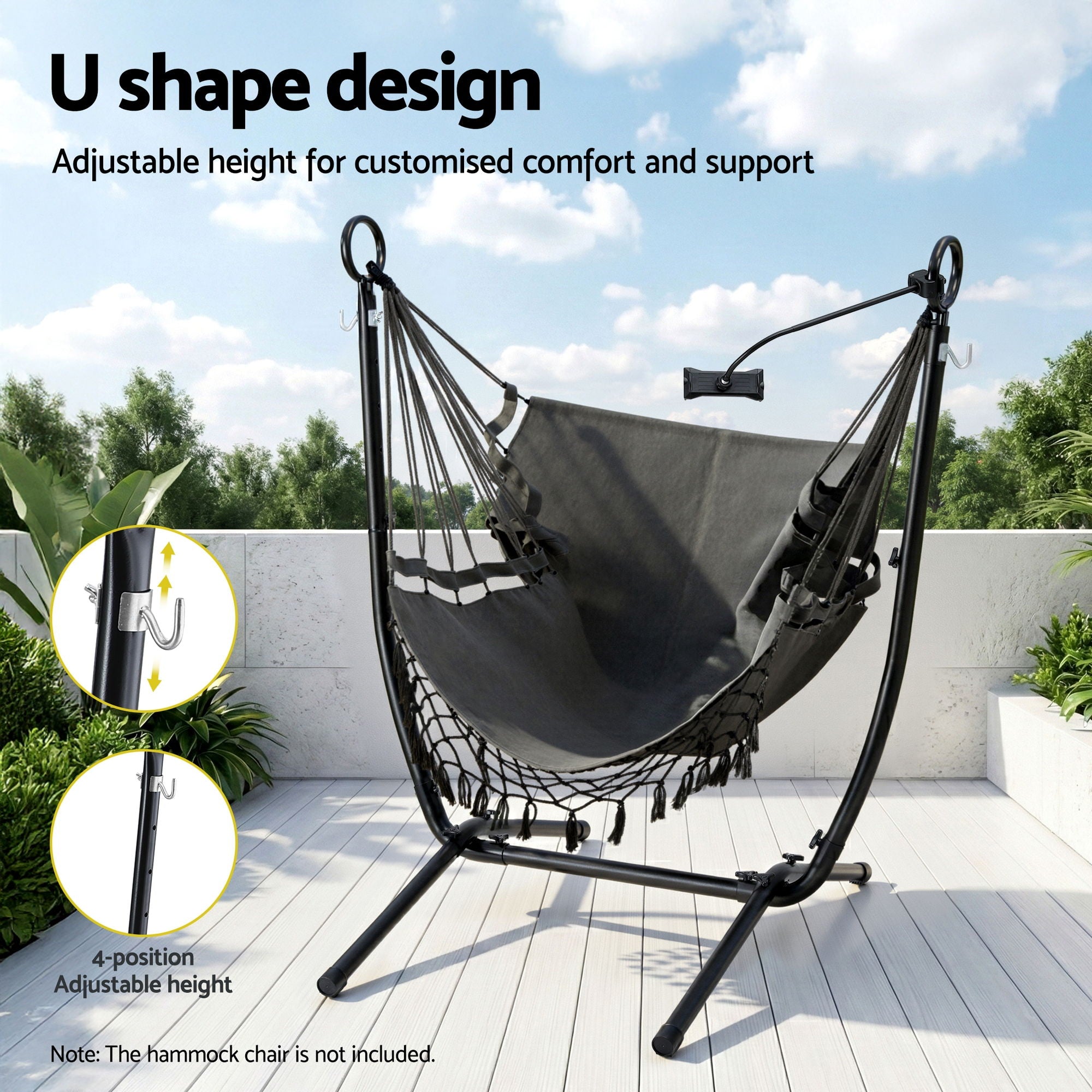 Gardeon Hammock Chair Stand Iron Frame with Phone Holder Black