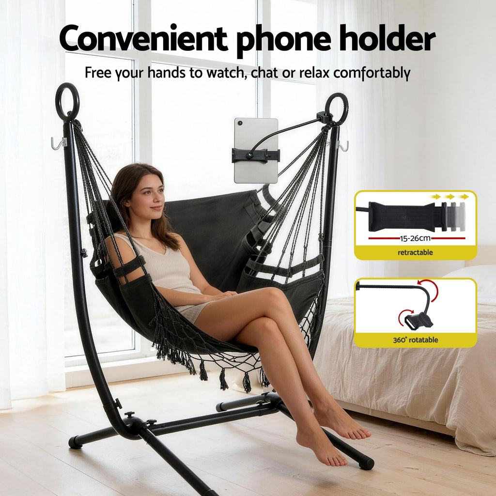 Gardeon Hammock Chair Stand Iron Frame with Phone Holder Black