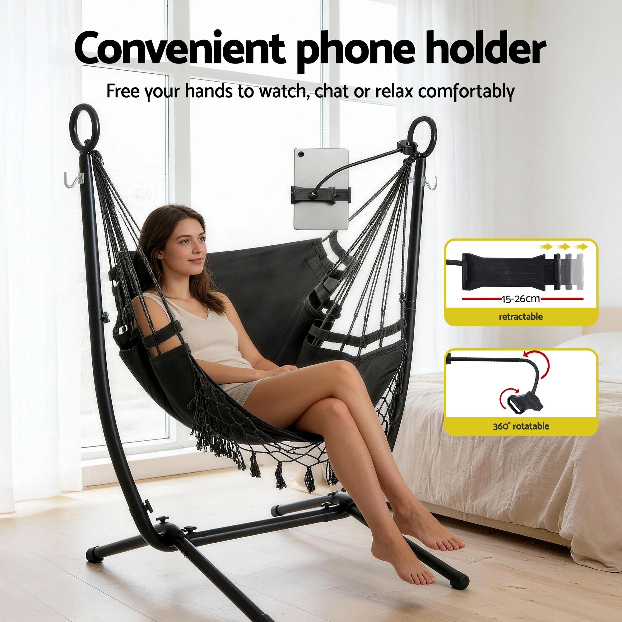 Gardeon Hammock Chair Stand Iron Frame with Phone Holder Black