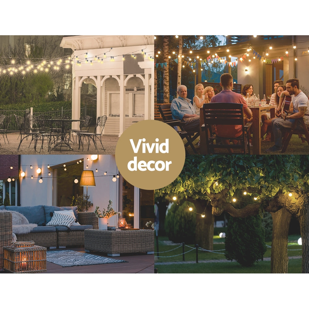 Garden patio party string lights with warm glowing bulbs around outdoor seating