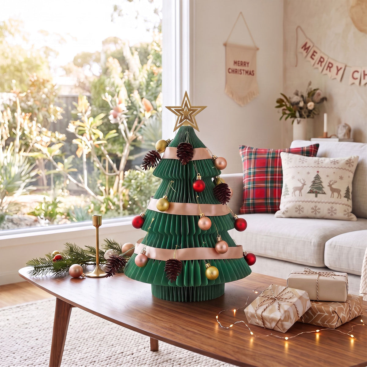 Green paper tabletop Christmas tree with star topper, red and gold baubles, pinecones
