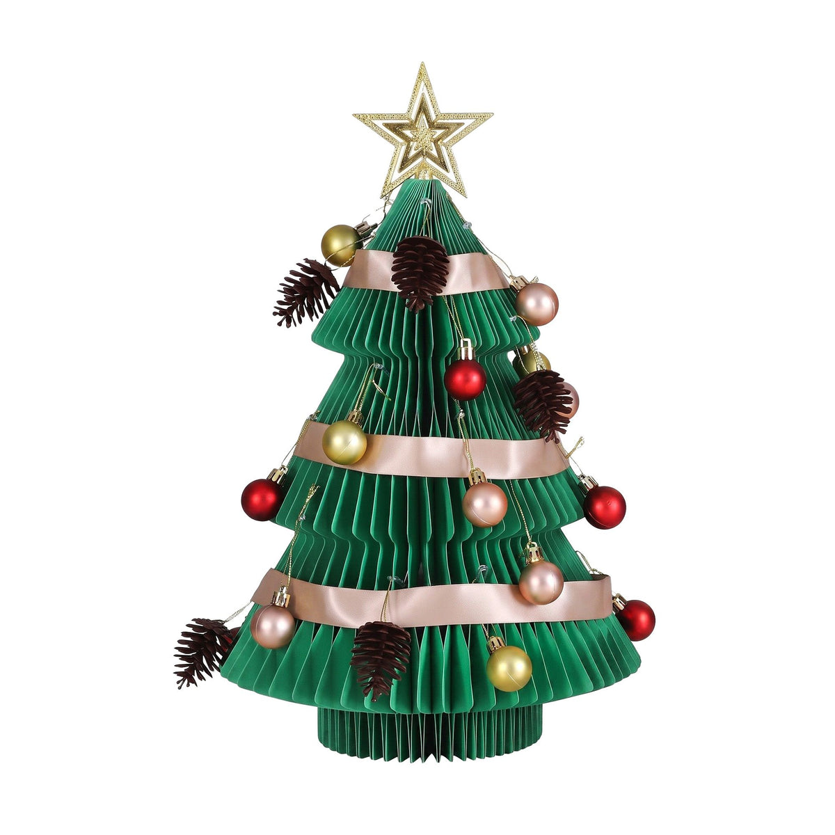 Green folded paper Christmas tree with gold star topper and red, gold, pink baubles