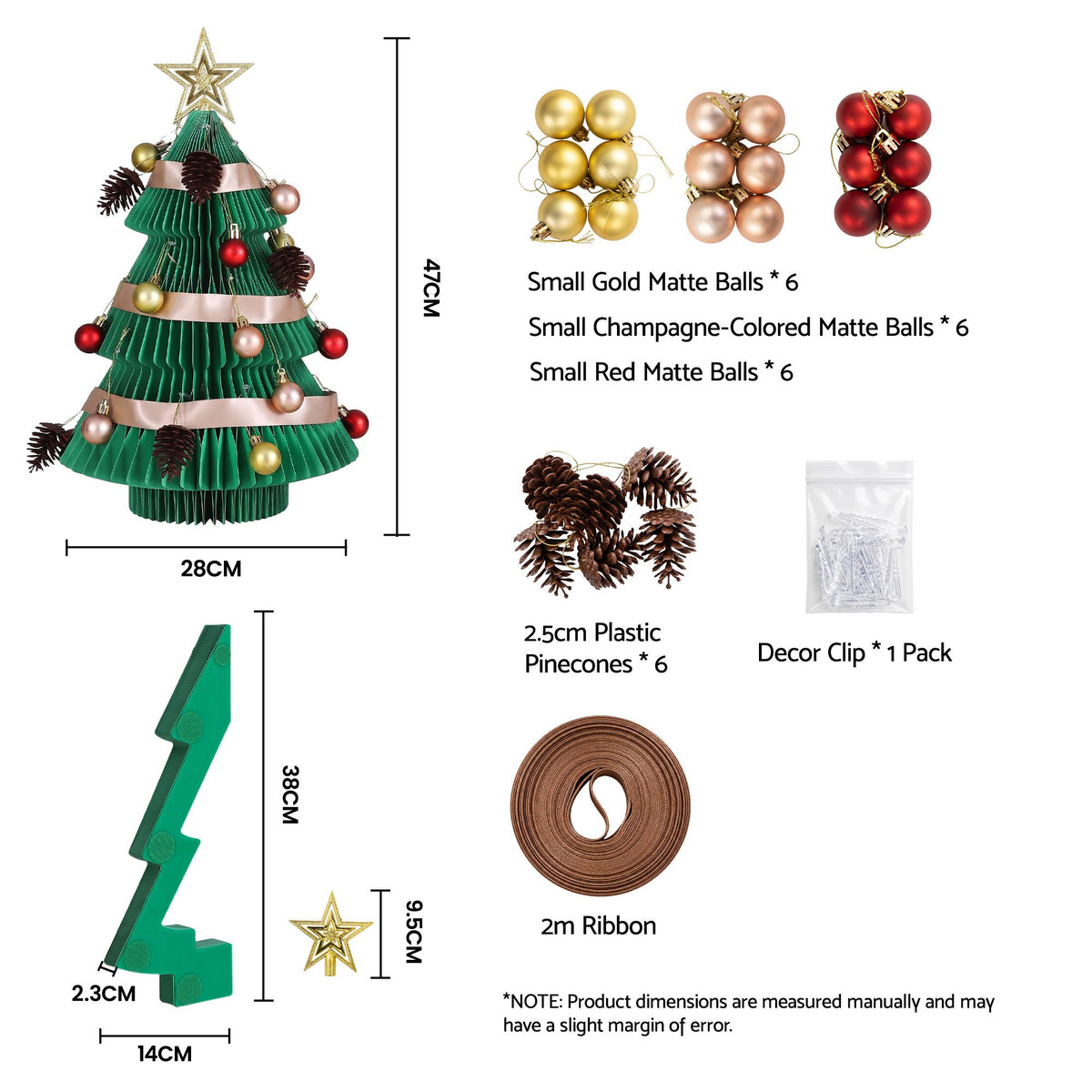 Green folded paper Christmas tree with gold star, red baubles, and pinecone ornaments