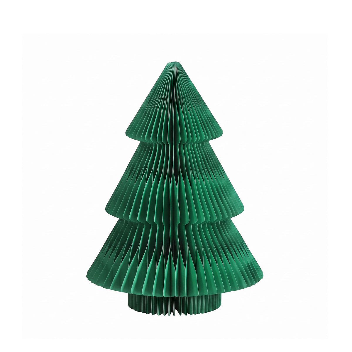 Green folded paper Christmas tree with tiered accordion layers, no visible ornaments