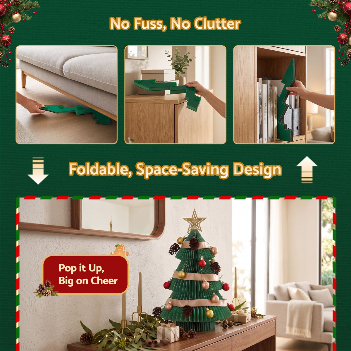 Green tabletop paper Christmas tree with gold star topper, red and gold ornaments