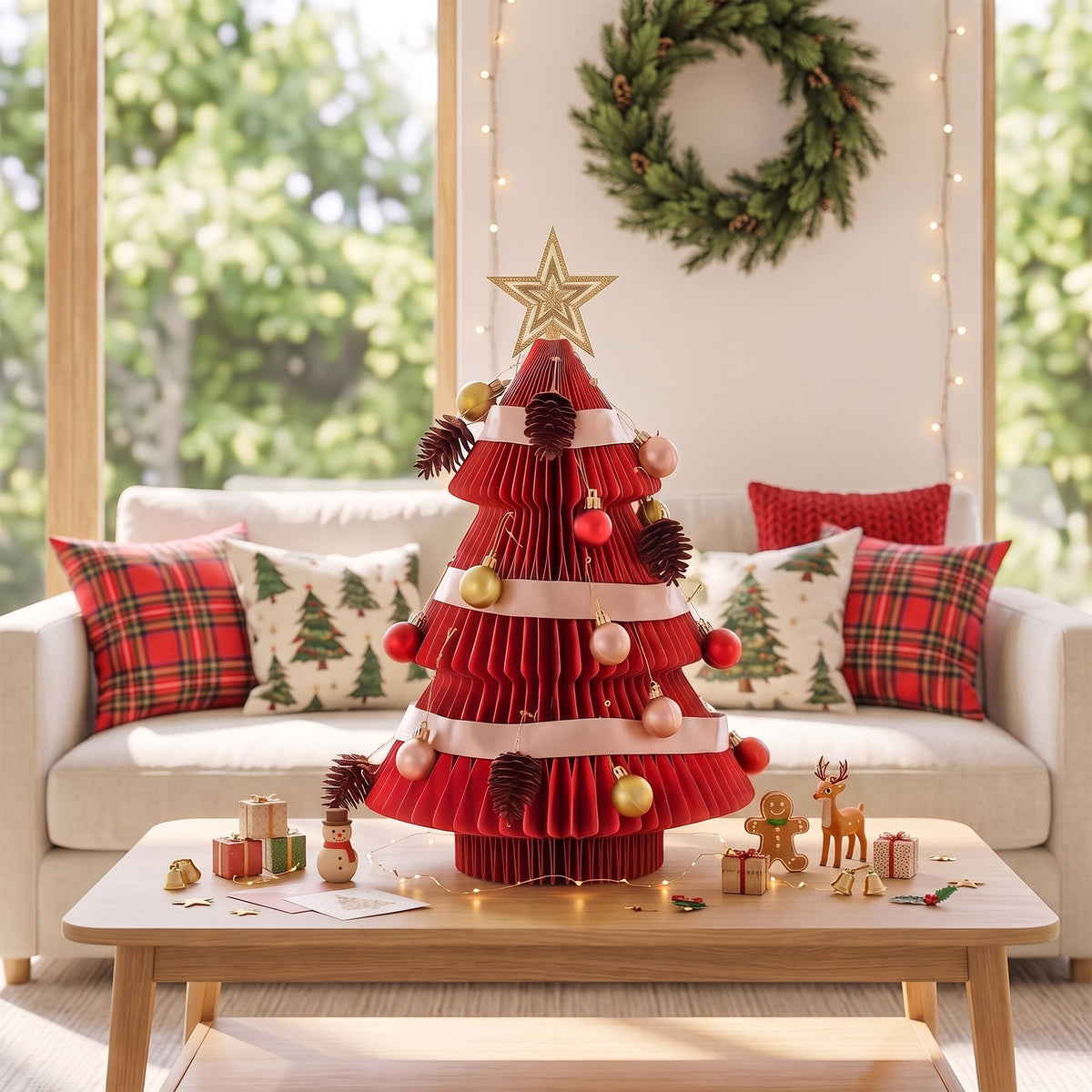 Red folding paper Christmas tree tabletop display with gold and red ornaments