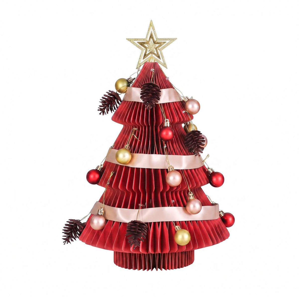 Red layered paper Christmas tree ornament with star topper and round baubles