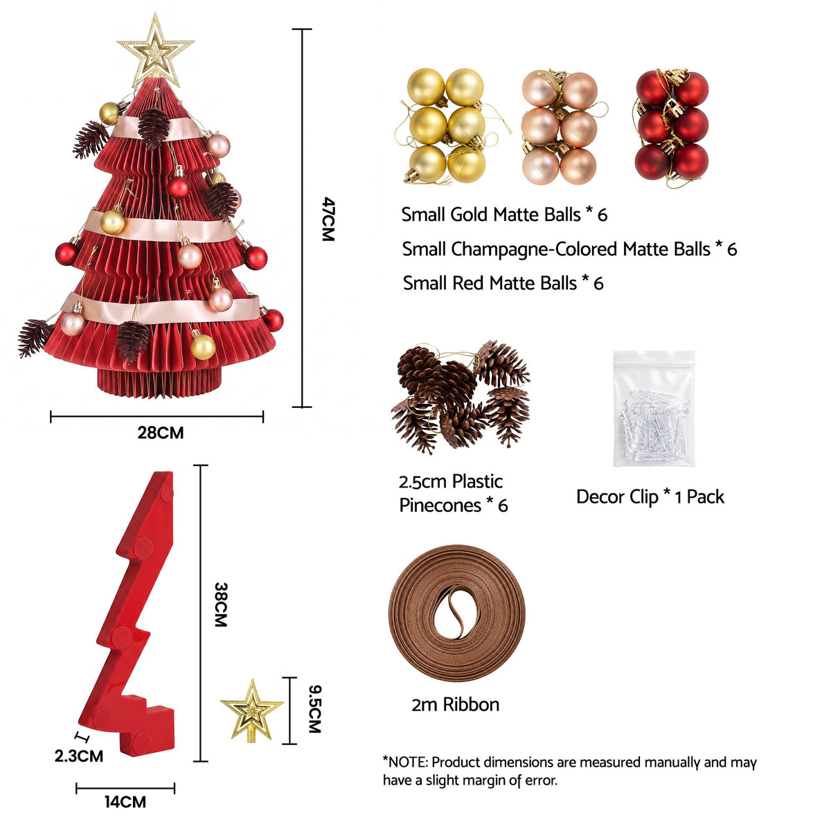 Red folding paper Christmas tree with star topper and decoration set components