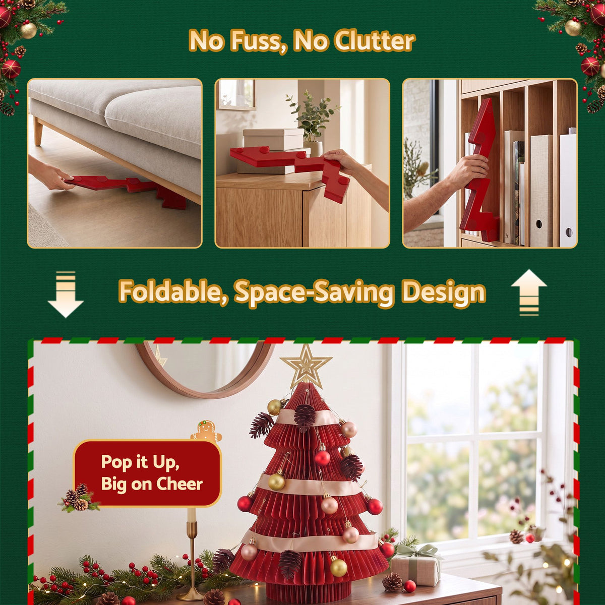 Red folding paper Christmas tree with star topper and gold red hanging baubles