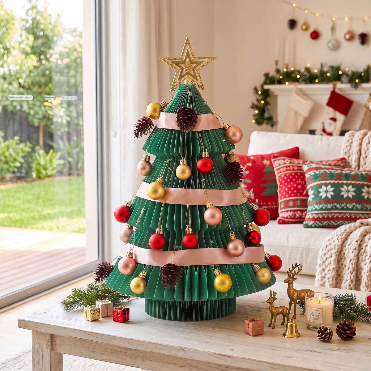 Green folding paper Christmas tree with gold and red baubles and gold star topper