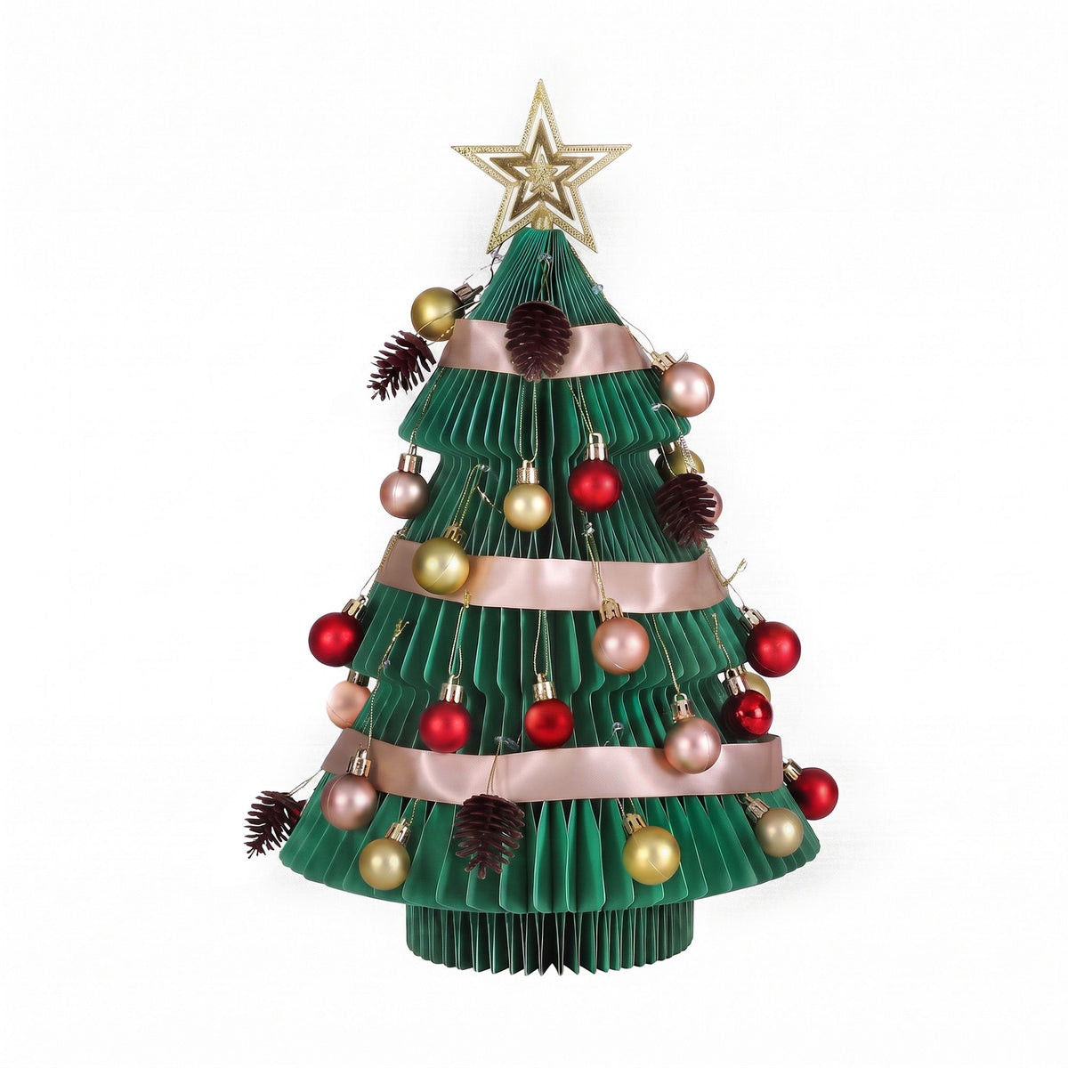 Green folding paper Christmas tree with layered pleats, gold star topper, and multicolor baubles