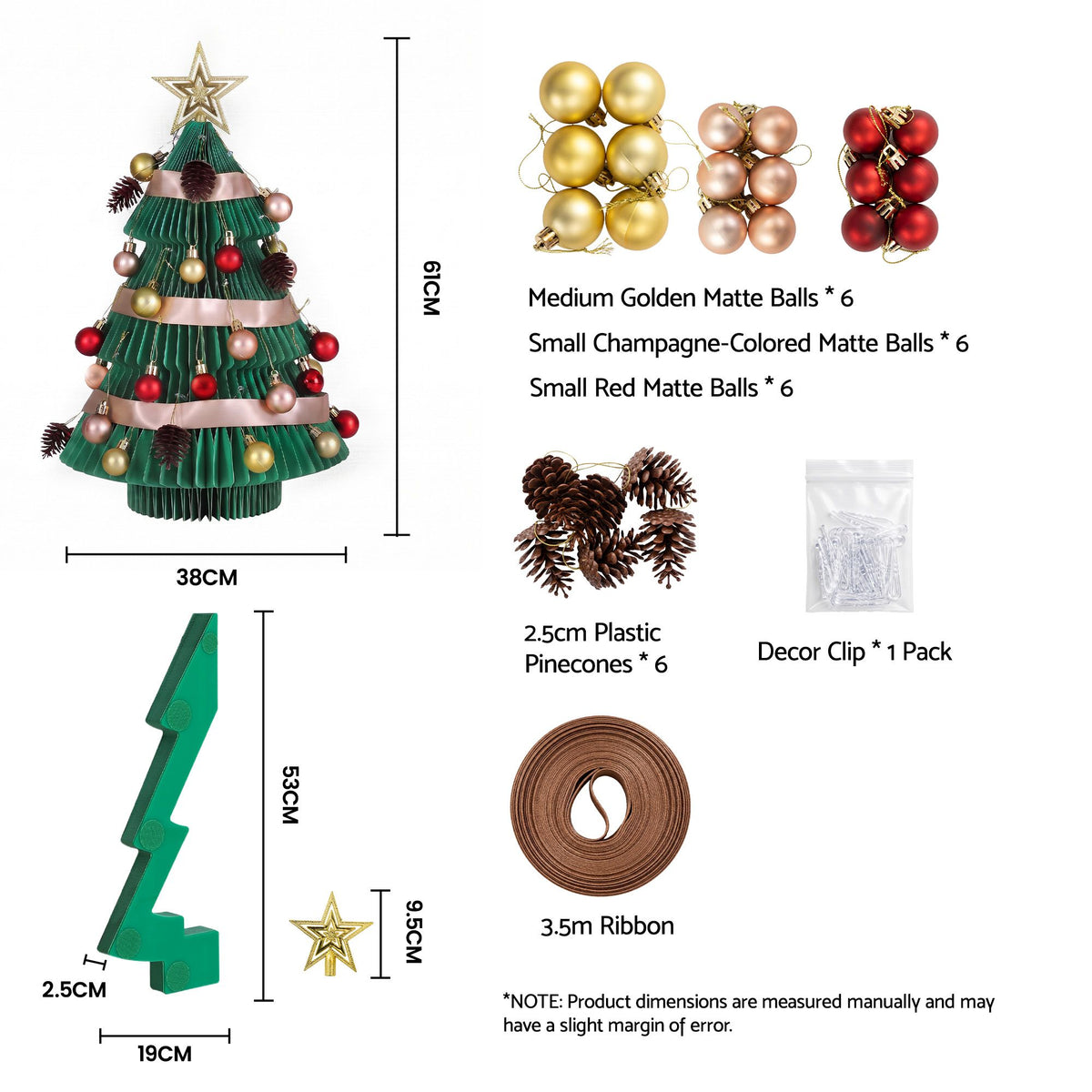 Green folding paper Christmas tree with star topper, plus included ribbon, clip, and pinecone decor