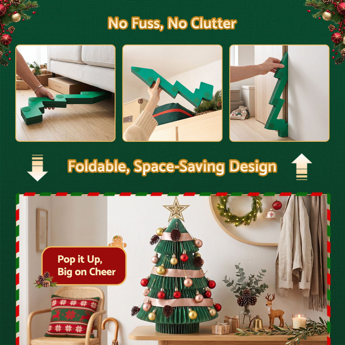 Green folding paper Christmas tree decorated with gold and red baubles and pinecone accents