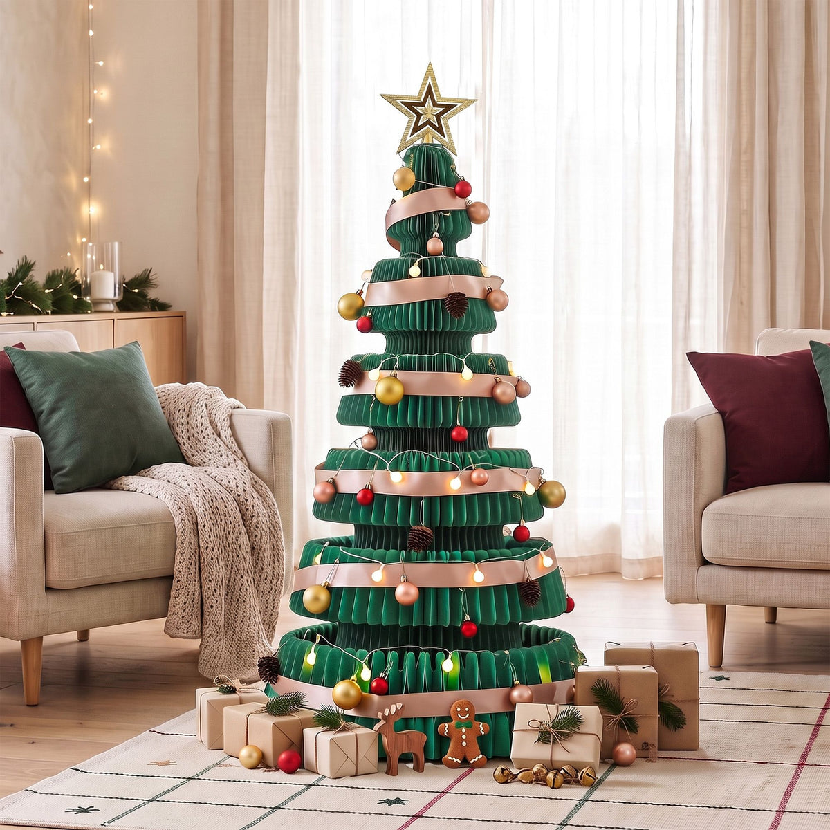 Green pop-up paper Christmas tree with star topper, LED lights, gold and red ornaments